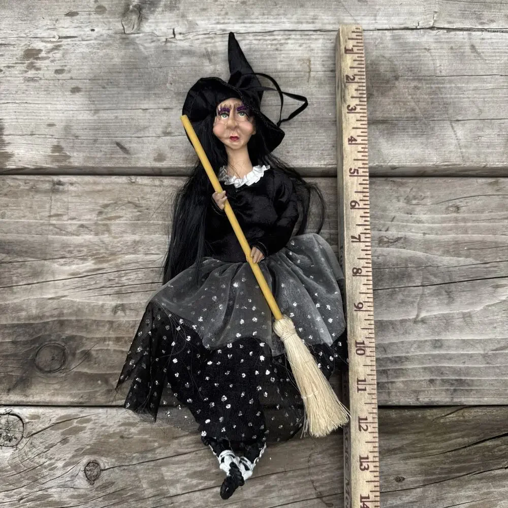Vintage Halloween/ Kitchen Witch Doll w/Broom Black Glitter Outfit 14”